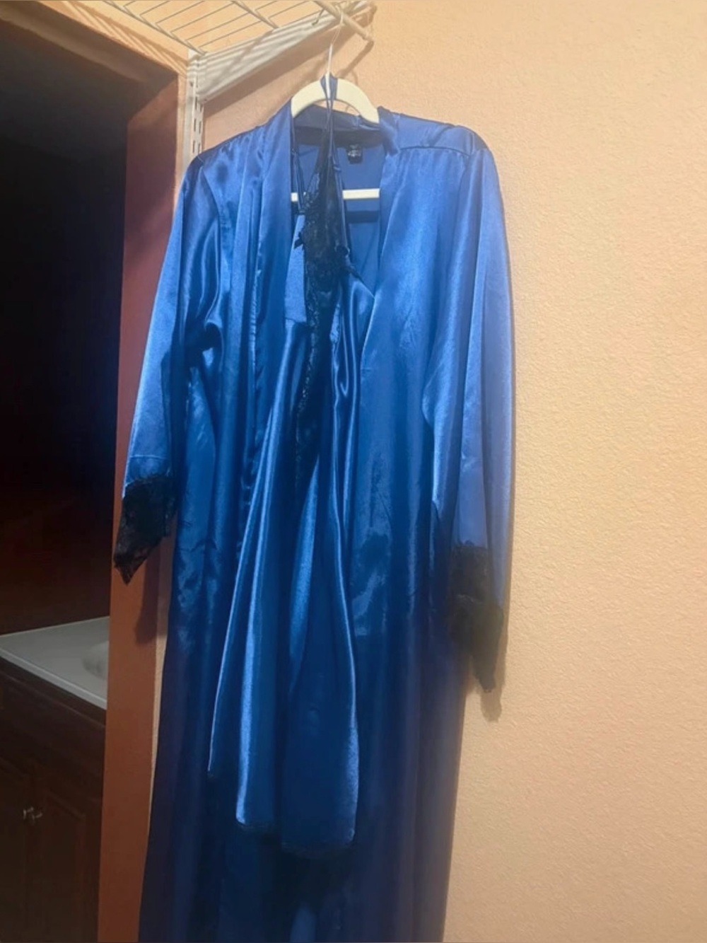 Blue Satin Longline Robe and Gown with Black Lace Trim